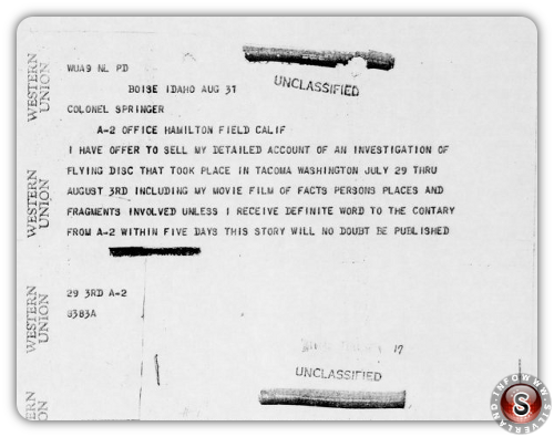 Western Union telegramma inviato da Kenneth Arnold, 31 Agosto, 1947.