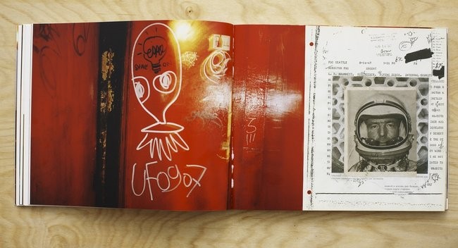 Photograph of alien graffiti in a bar bathroom in Manhattan (left) and collage made from de-classified government papers (right).