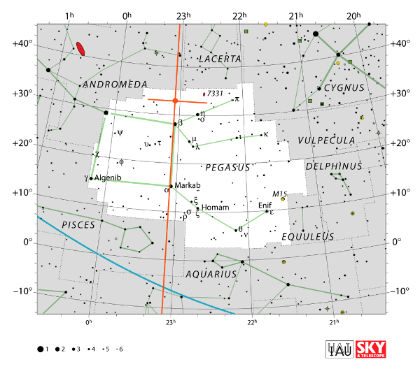 Illustrazione 11: Dislocazione pianeta alieno in prossimità della stella Beta Pegasi (Scheat). AR 23h 2m 43,2s, decl. 32,5°.