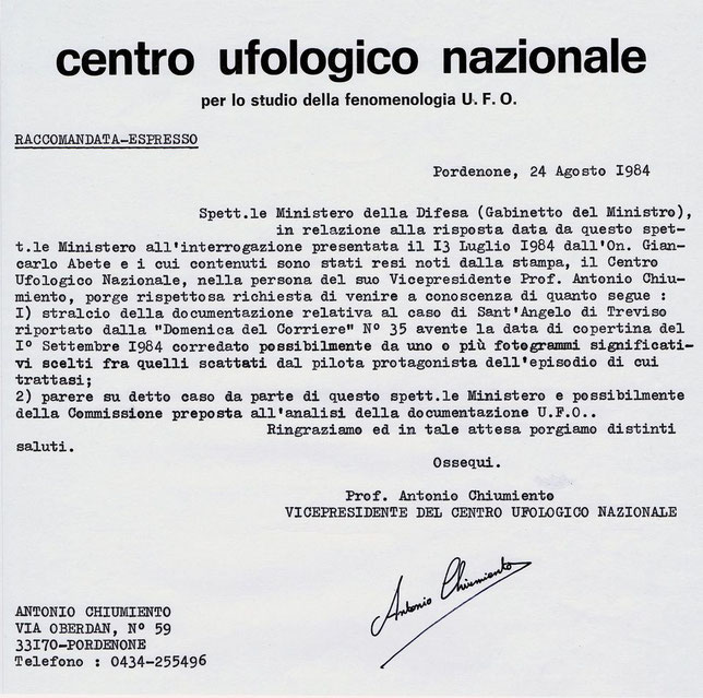 Raccomandata espresso inviata al Ministero della Difesa del 24/08/1984