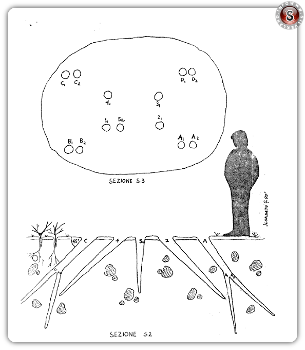 Illustrazione 6. Pianta e sezione delle traccia dei fori sul terreno dell'Ufo di Buseto Palizzolo.