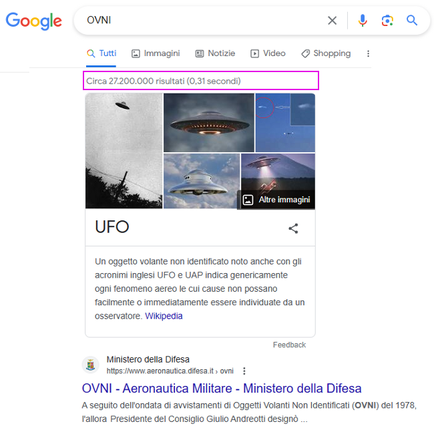 Ricerca della parola OVNI su Google 02/10/2023 = 27.200.000 di risultati