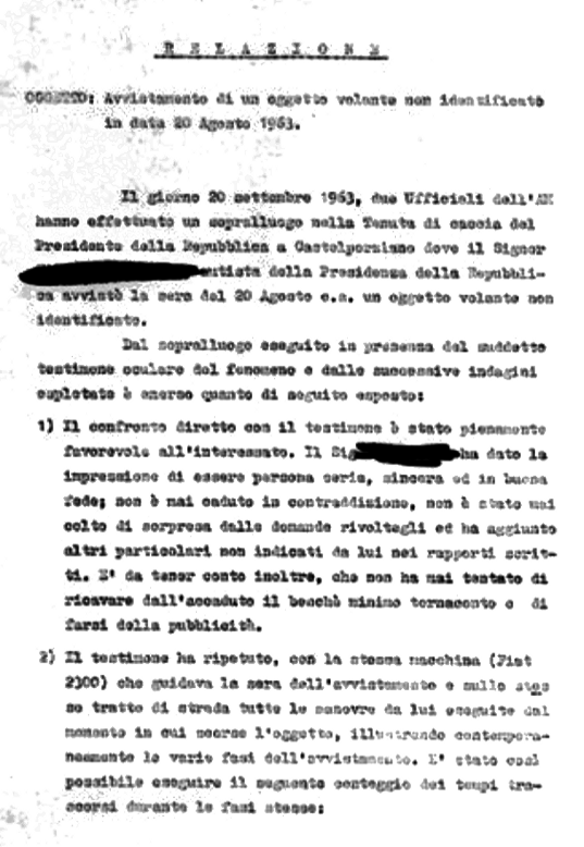 Relazione relativa al sopralluogo datato 20 Settembre 1963 in merito all'avvistamento UFO del 20 Agosto 