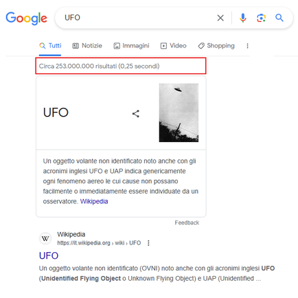 Ricerca della parola UFO su Google 02/10/2023 = 253.000.000 di risultati