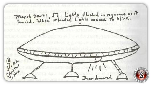 Disegno di Christa del 31/03/ 87. Aveva luci brillanti che si accendevano in sequenza. Più scendeva, più lentamente pulsavano le luci. Vicino al suolo allungò 3 gambe e si aprì una porta. Quando toccò terra rimbalzò dolcemente come se fosse su una molla.