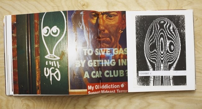 Photograph of alien graffiti outside a bar in Manhattan (left) and collage made from de-classified government papers (right).