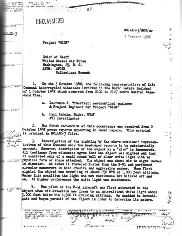 Il documento 1 di 2 pagine è tratto dal file del progetto SIGN ed è stato incluso nella pubblicazione, progetto «Sign», documenti Air Force datati 1948-1949.