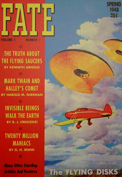 Cover for premiere issue of Fate magazine, Spring, 1948, and opening pages of Kenneth Arnold's 