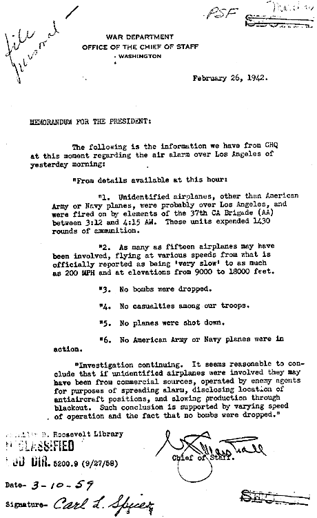 Memorandum del generale George Marshall, capo di Stato maggiore dell'Esercito al presidente Roosevelt.