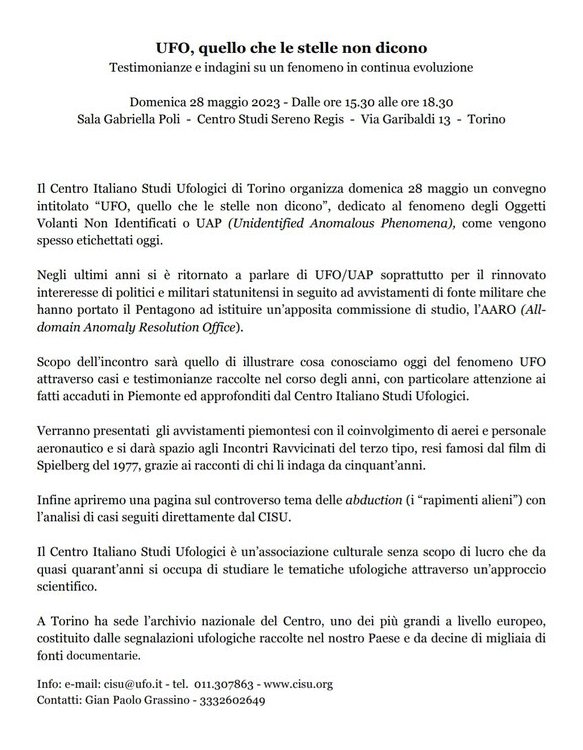 Informazioni convegno ufologico