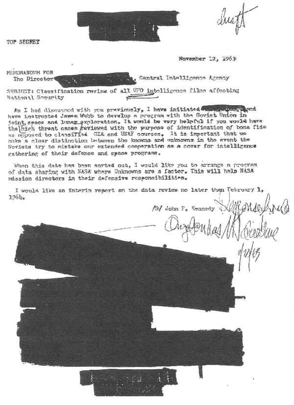 Lettera di JFK al Direttore della CIA in cui chiede l'accesso ai file sugli UFO che è stata rilasciata a un autore ai sensi del Freedom of Information Act