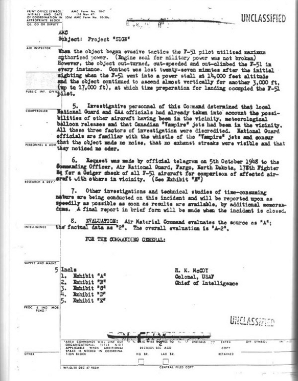 Il documento 2 di 2 pagine è tratto dal file del progetto SIGN ed è stato incluso nella pubblicazione, progetto «Sign», documenti Air Force datati 1948-1949.