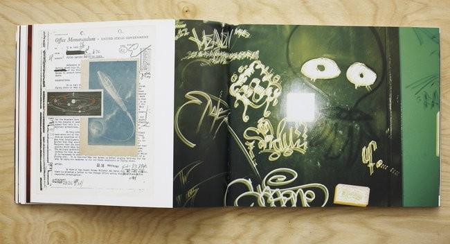 Collage made from de-classified government papers (left) and photograph of alien graffiti in a bar bathroom in Manhattan (right).