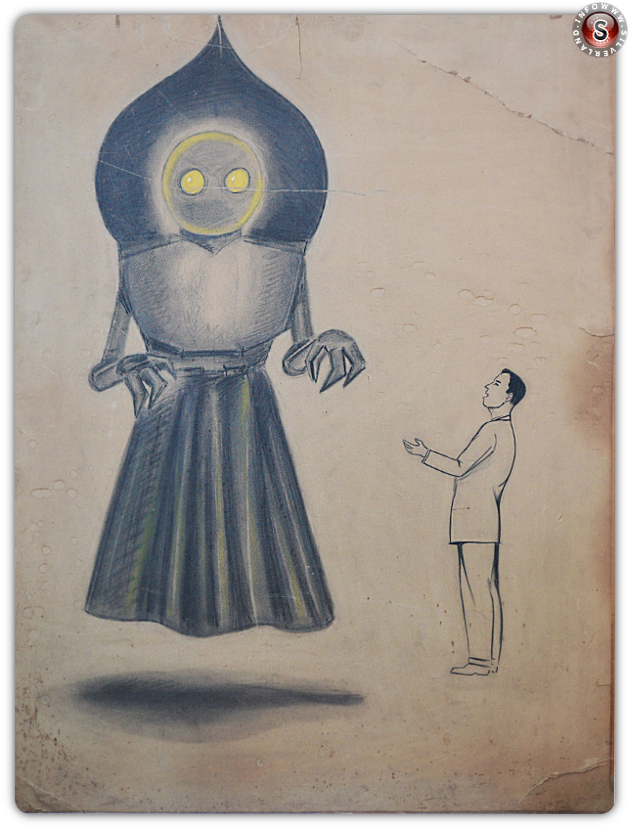 Il disegno originale del mostro di Flatwoods di un disegnatore di schizzi di New York. Per gentile concessione di The Flatwoods Monster Museum