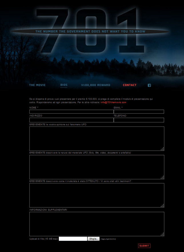 Modulo di presentazione "prove" per altre richieste contattare info@701themovie.com