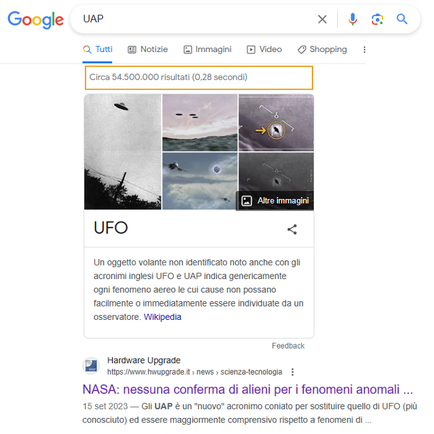 Ricerca della parola OVNI su Google 02/10/2023 = 54.500.000 di risultati