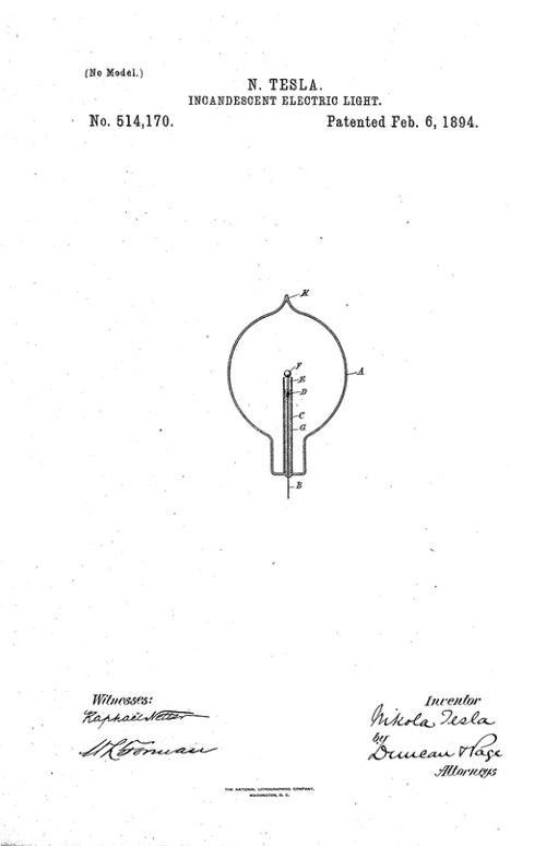 Brevetto US 514,170. - Incandescent electric light - Nikola Tesla 06/02/1894