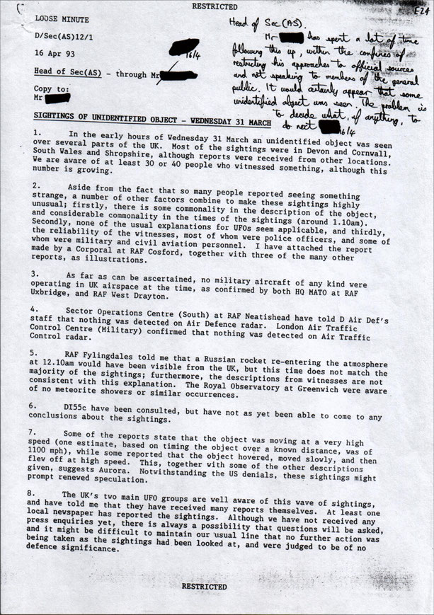 Nick Pope's report to MoD, extracted from DEFE 24/2086/1 (The National Archives)