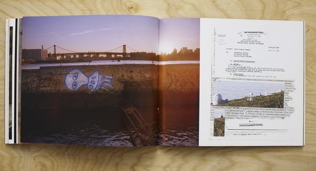 Photograph of alien graffiti on an abandoned pier in the East River (left) and collage made from de-classified government papers (right).