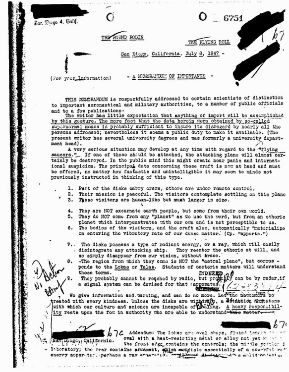 Promemoria inviato all'FBI da Meade Layne l'8 Luglio del 1947