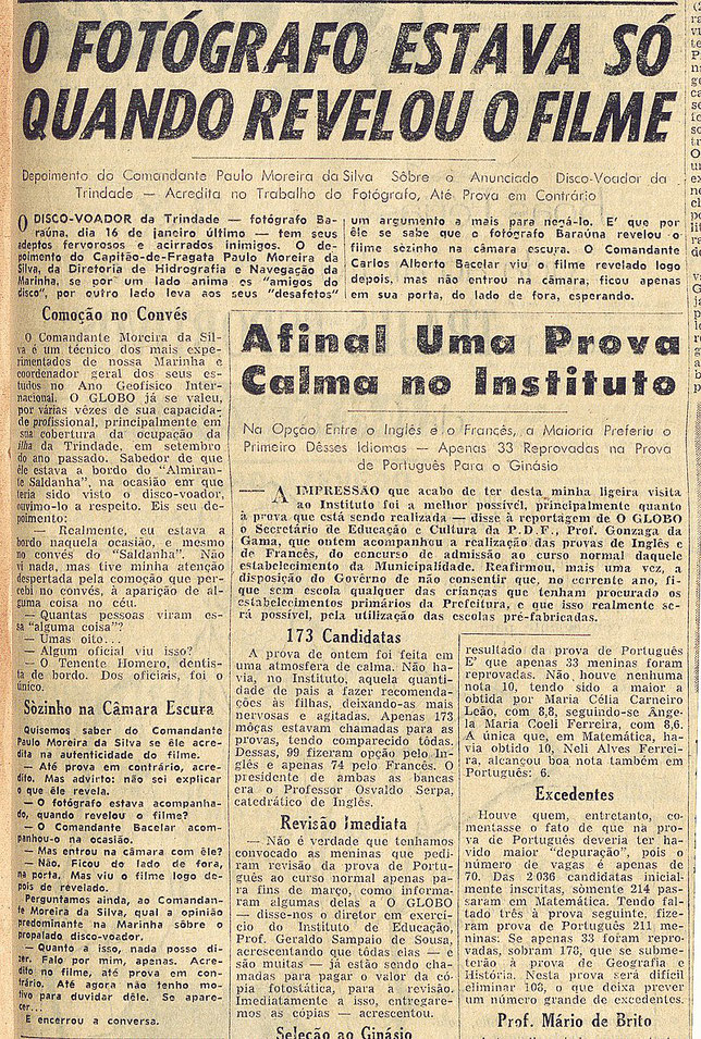 Quotidiano O Globo del 26 Febbraio 1958. L'articolo