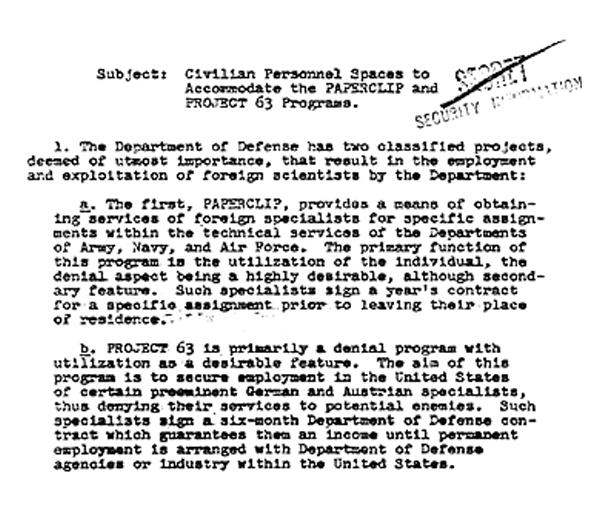 Nota declassificata del capo di Stato Maggiore della US Air Force datata 2 juin 1953 attestante che 820 scienziati nazisti sono stati reclutati nel quadro di Paperclip.
