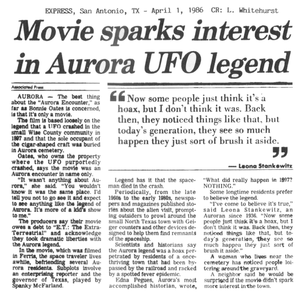 Altro quotidiano, Express, San Antonio, 1 April 1986 che documenta l'accaduto