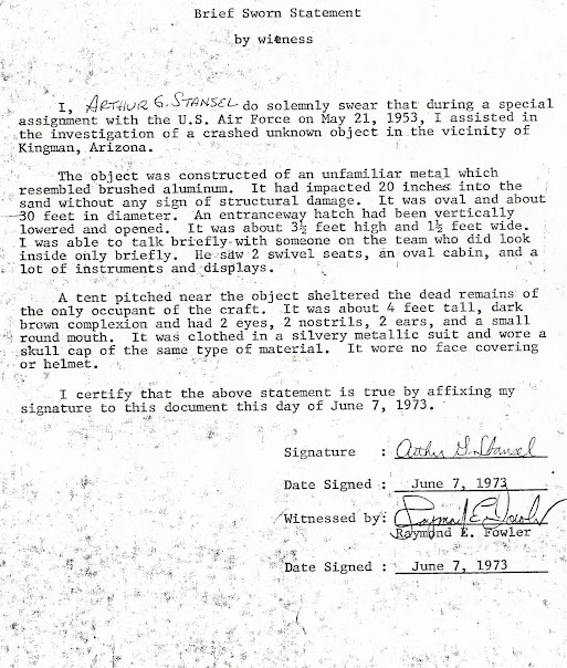 Dichiarazione giurata di Arthur Stansel del 1973 poi riportata anche su UFO Magazine nell'Aprile del 1976