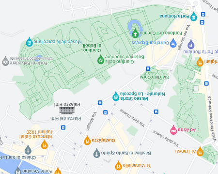 Illustrazione 3: Mappa dei tre giardini di Firenze: di Boboli, di Corsi Annalena e di Torrigiani. Uno strano oggetto volante su Firenze di un mondo capovolto (la mappa).