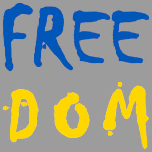 Dieses FAIRschreiben-dÜsign auf grauem Grund von Thorsten Hülsberg zeigt das Wort Freedom in den ukrainischen Nationalfarben.