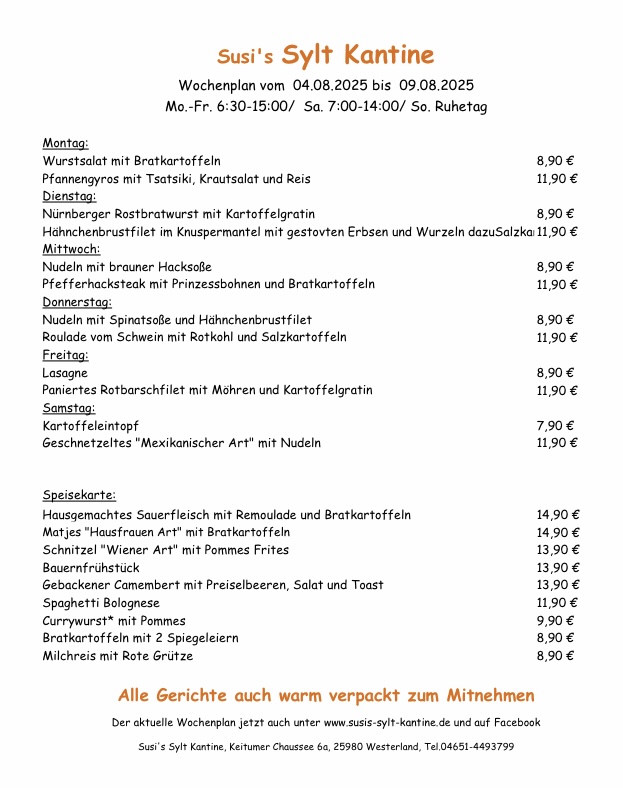 Wochenkarte Susi's Sylt Kantine vom 18.12.2017 - 23.12.2017