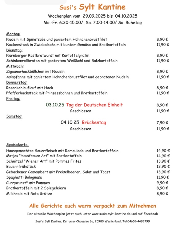 Wochenkarte Susi's Sylt Kantine vom 18.12.2017 - 23.12.2017