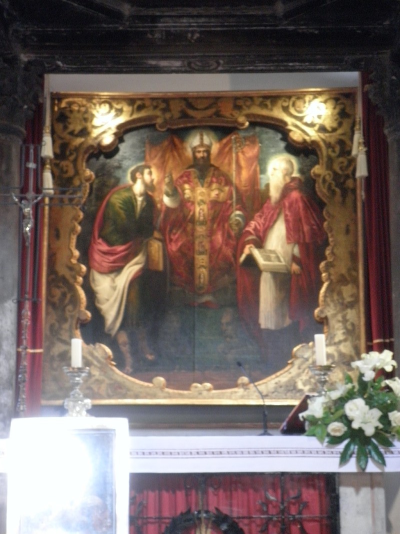Le retable du Tintoret avec les patrons de la ville, St Marc, St Barthélémy et St Jérôme