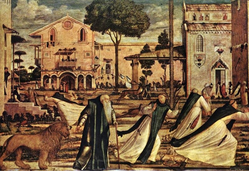 Carpaccio. St Jérôme amenant le lion blessé au monastère.