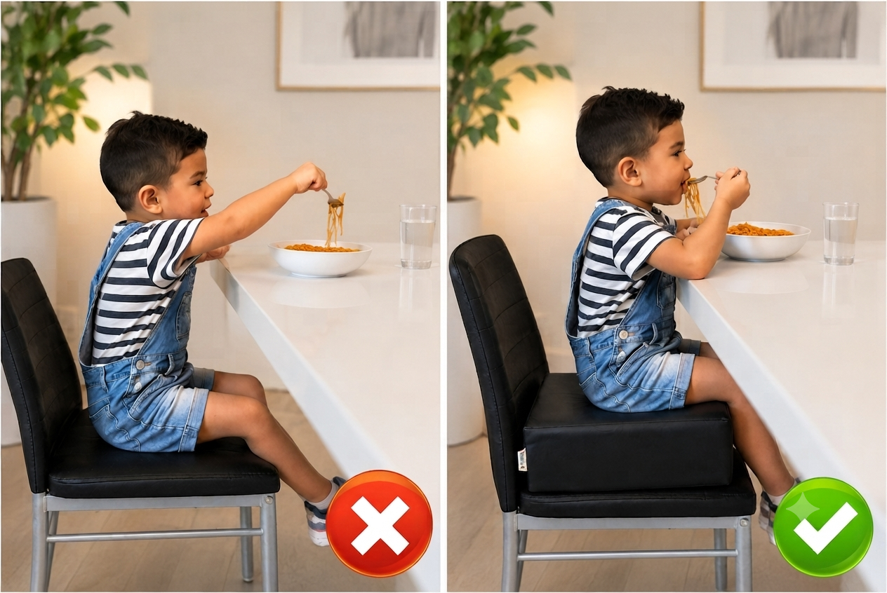 Vorher Nachher Situation für einen Jungen beim Essen mit Sitzkissen