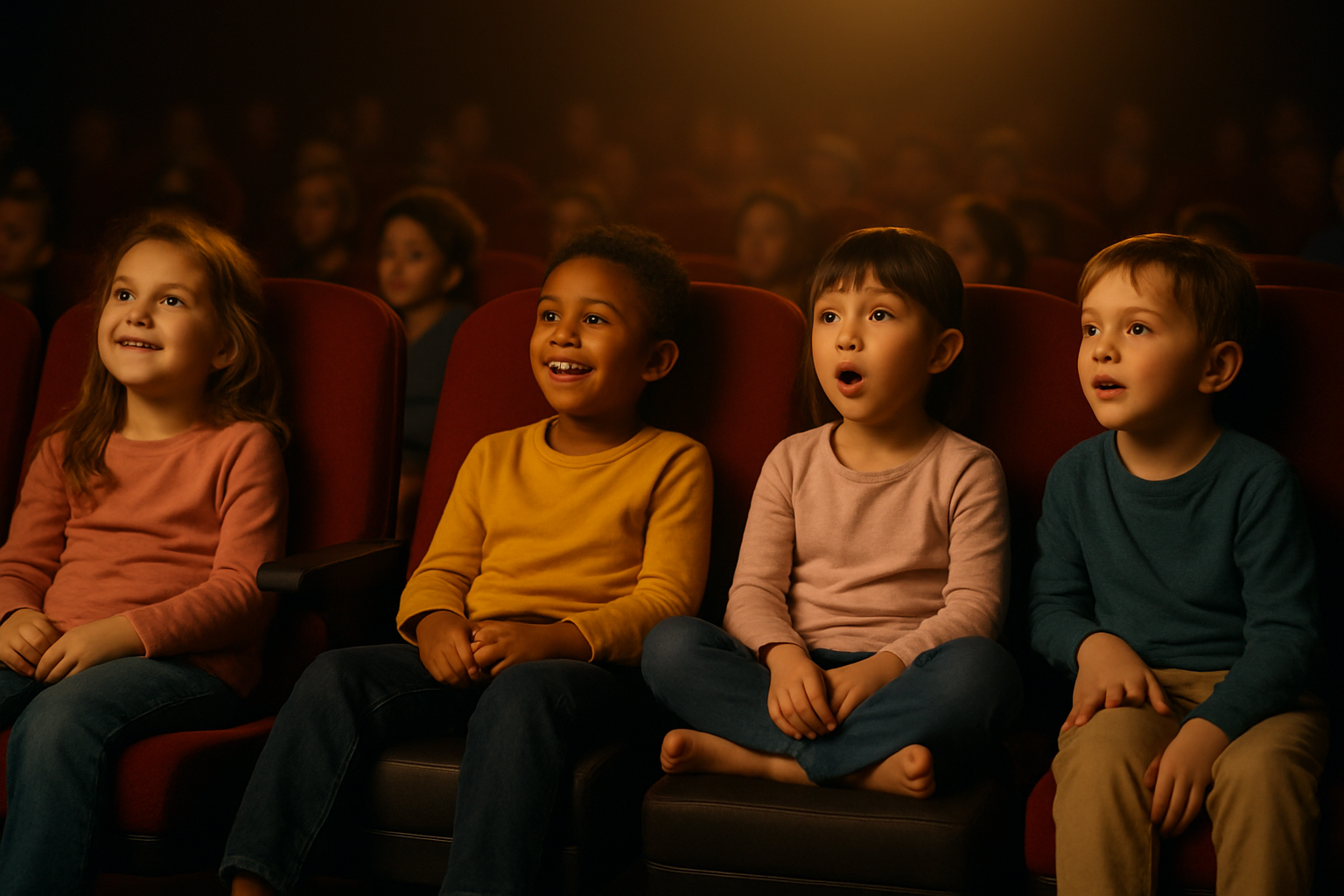 Kinder sitzen auf hohen Kissen im Kino