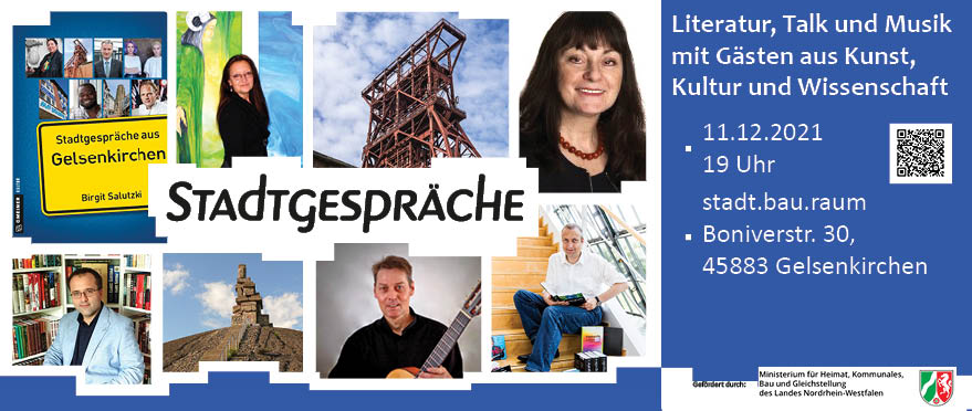 Der Banner der Stadtgespräche mit Fotos der Mitwirkenden und Bildern aus dem Ruhrgebiet. Text was, wann, wo stattfindet.
