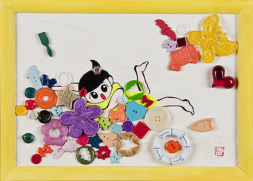 2008, 20.1 x 28.0 cm, 無題 (Untitled), Acrylic, plaster, thread and plastic objects on canvas