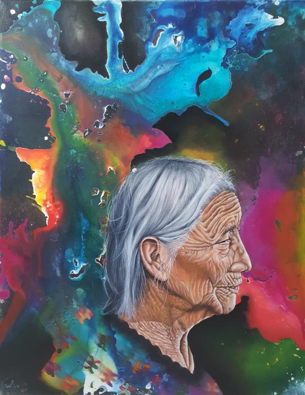 Abuela Ixchel (Diosa de los textiles), de la serie "Poesía Silenciosa", 2018, 70 x 90 cm, Óleo sobre lienzo