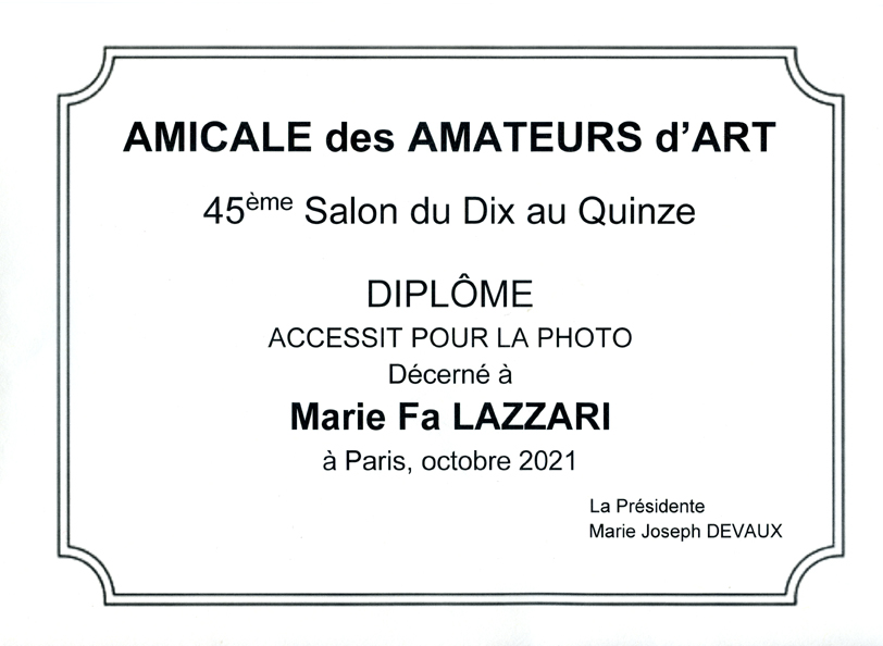 Diplôme Accessit pour la photo Salon du Dix au Quinze à La Madeleine Octobre 2021.