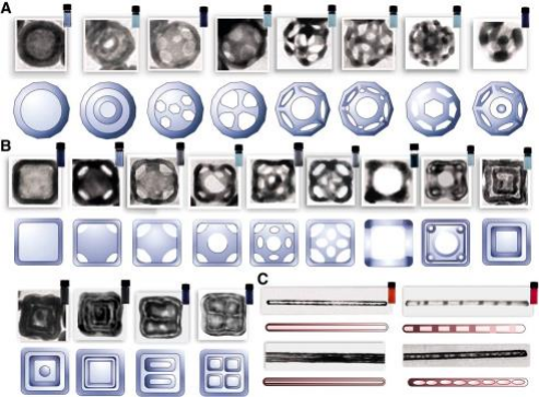 The synthetic route reported in this work produces structures with (A) spherical, (B) cubic, and (C) cylindrical topologies. TEM images are accompanied by drawings that represent the morphology of each nanostructure.