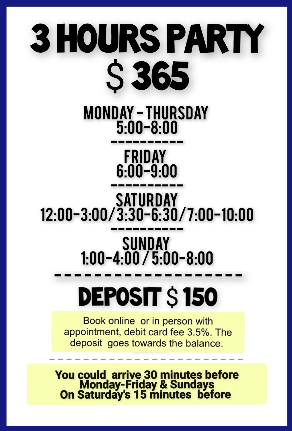 Deposit is not refundable, not transferable, it's a fee to book & it goes towards the balance.  Book online!