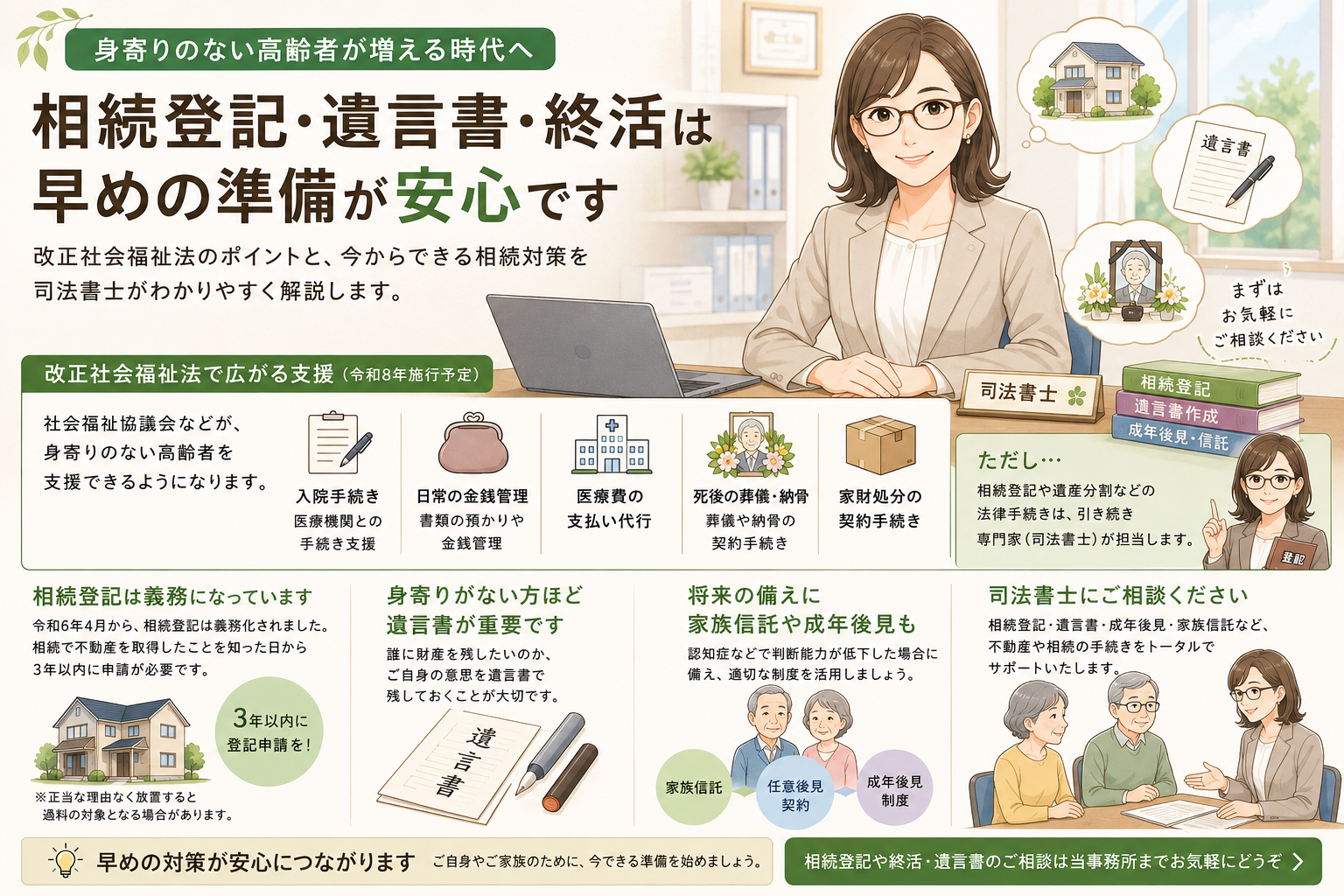 身寄りのない高齢者が増える時代へ。相続登記・遺言書・終活は早めの準備が安心です