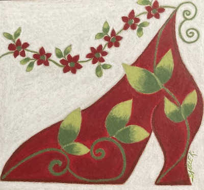 Chaussure végétale rouge. Craie grasse sur carton. © SaëlleK.