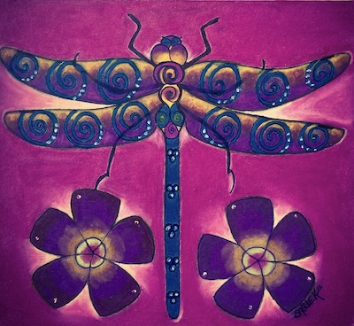 Libellule, néocolor sur carton.©SaëlleK.