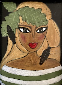 Femme aux capricornes des chênes, néocolor sur bois.©SaëlleK.