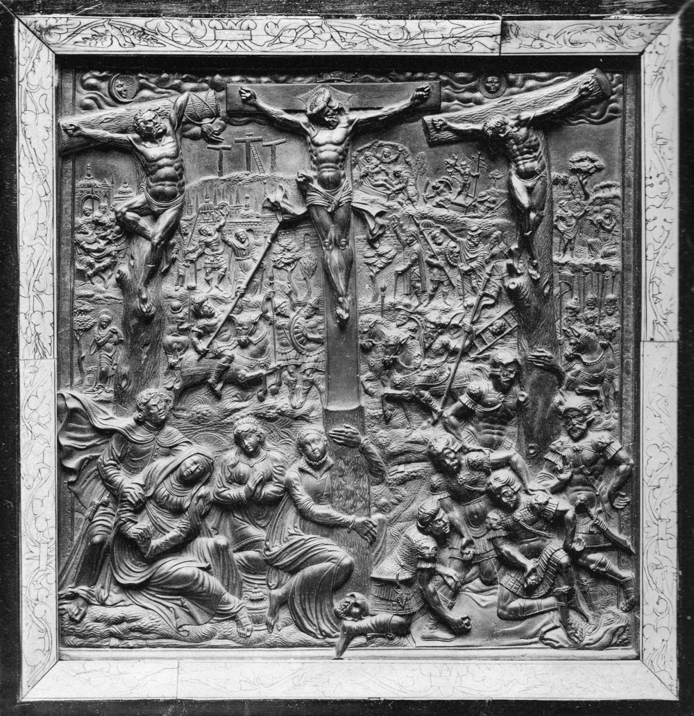Israel von der Milla: Kreuzigung, 1575, H 23,5 cm, B 23 cm, Kehlheimer Kalkstein (Hochrelief), ehemals Sammlung Heinrich Wencke (Hamburg), nach 1898 Sammlung Löbbecke (Braunschweig), Verbleib unbekannt. Foto: unbekannt