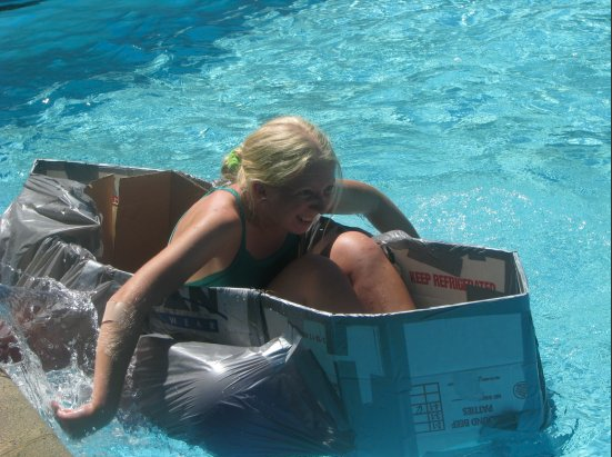 A cardboard "boat" we made with my campers - floating well!