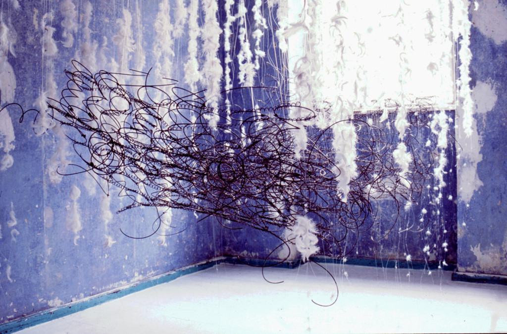 (2003, empty flat in Berlin-Wedding, mixed media, feathers, remains of a mattress etc.)