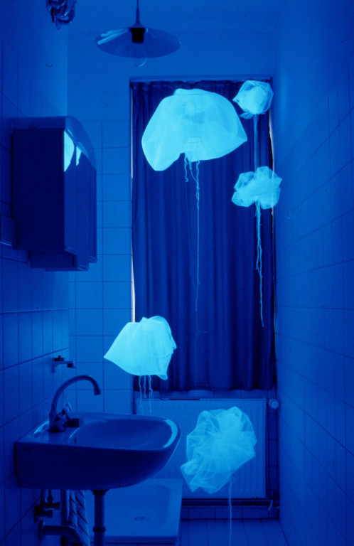 Aquarium (1999, mixed media: black light, drapery, lampshades etc.)